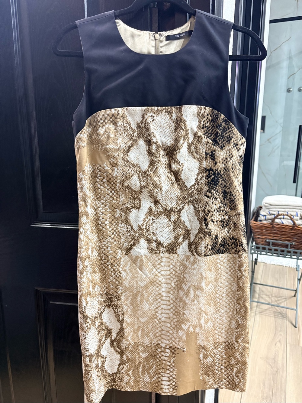 Tahari Black and Tan Snake-Print Midi Dress